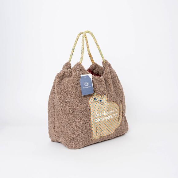 Cozy Teddy Fleece Cat Appliqué Tote Bag - Kusuguru Japan - Picture 2 of 9